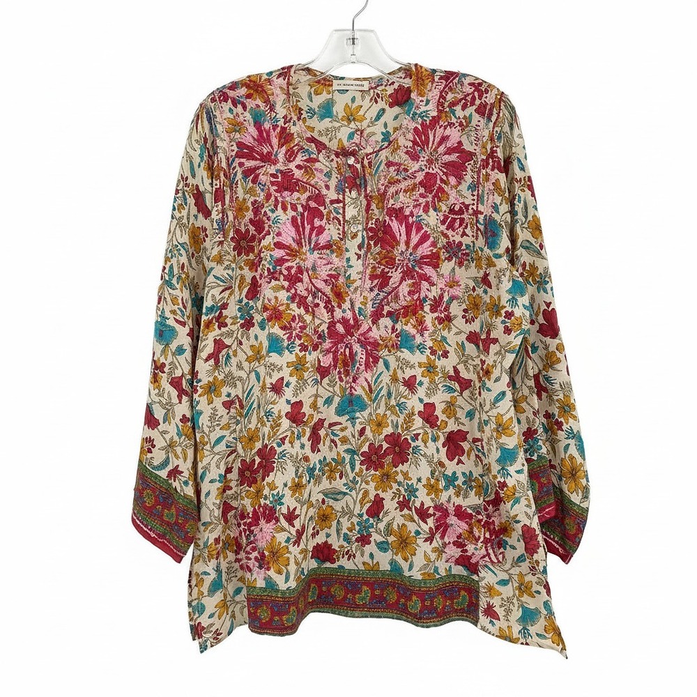 KC Signatures Beige Red Embroidered Floral Blouse | Womens L